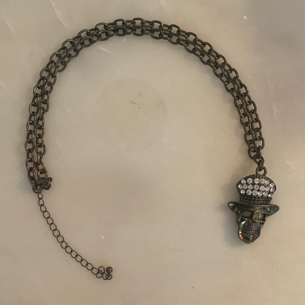 Bronze-Tone Chain Necklace with Rhinestone Skull Pendant